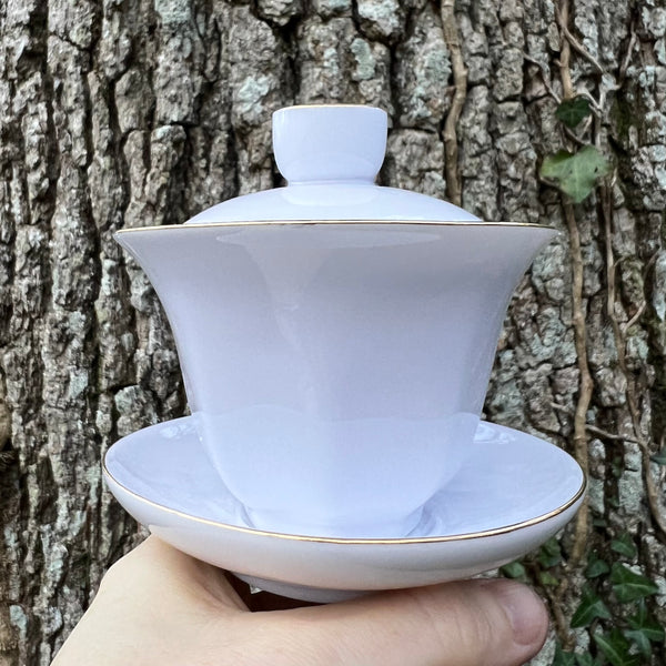 White with Gold Trim Faceted 150ml Gaiwan