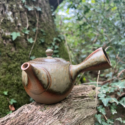 Dark Green and brown Tokoname Kyusu 320ml [Stainless Steel Mesh Strainer]