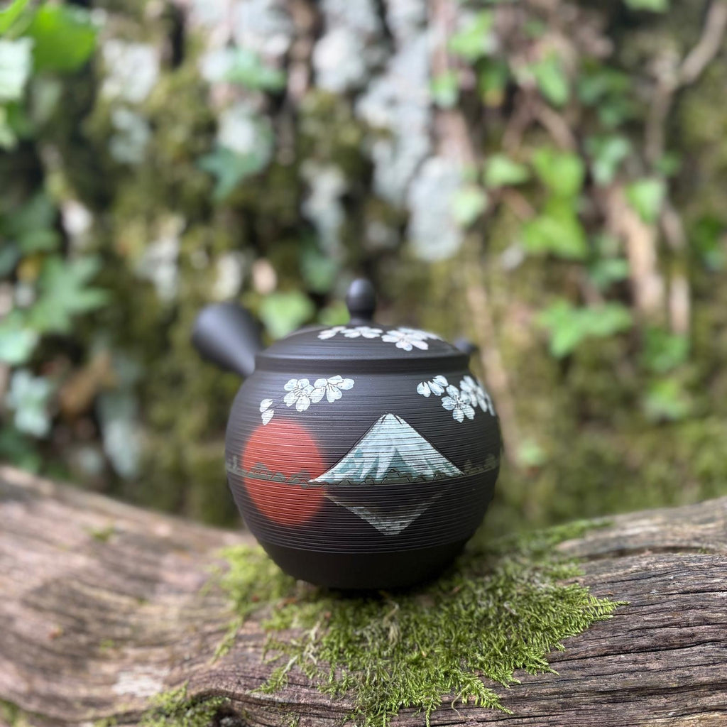290ml Mount Fuji Sakura Black Shudei [Kokudei] Kyusu with sesame filter [Gyokko Kiln]