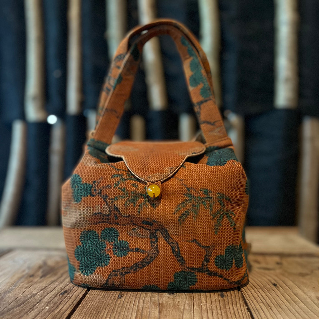 Brown with nature pattern (with shaped flap) 18x15x15cm Tea Bag with yellow button | Zhu Rong Studio Jingdezhen