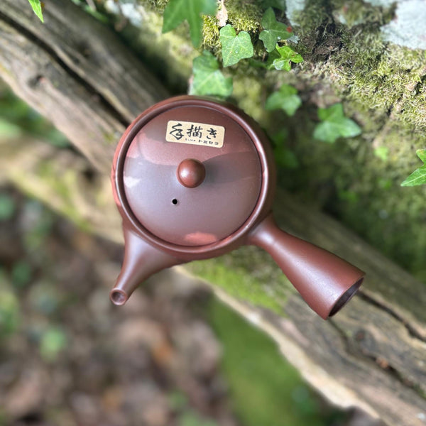 Everyday range : 340ml Ikomi [鋳込み] Brown with flowers Tokoname Kyusu Belt Strainer [Tomisen Kiln]
