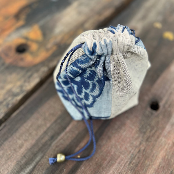 Kurume Kasuri Drawstring Bag : Grey/Blue [Chikuho city Fukuoka]
