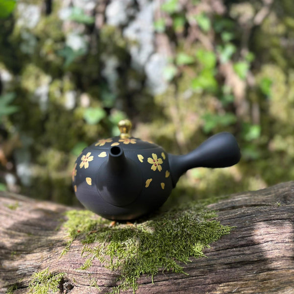 230ml Maru-gata (丸形) gold flower Ikomi Kokudei kyusu with sesame strainer [Shōhō Kiln]