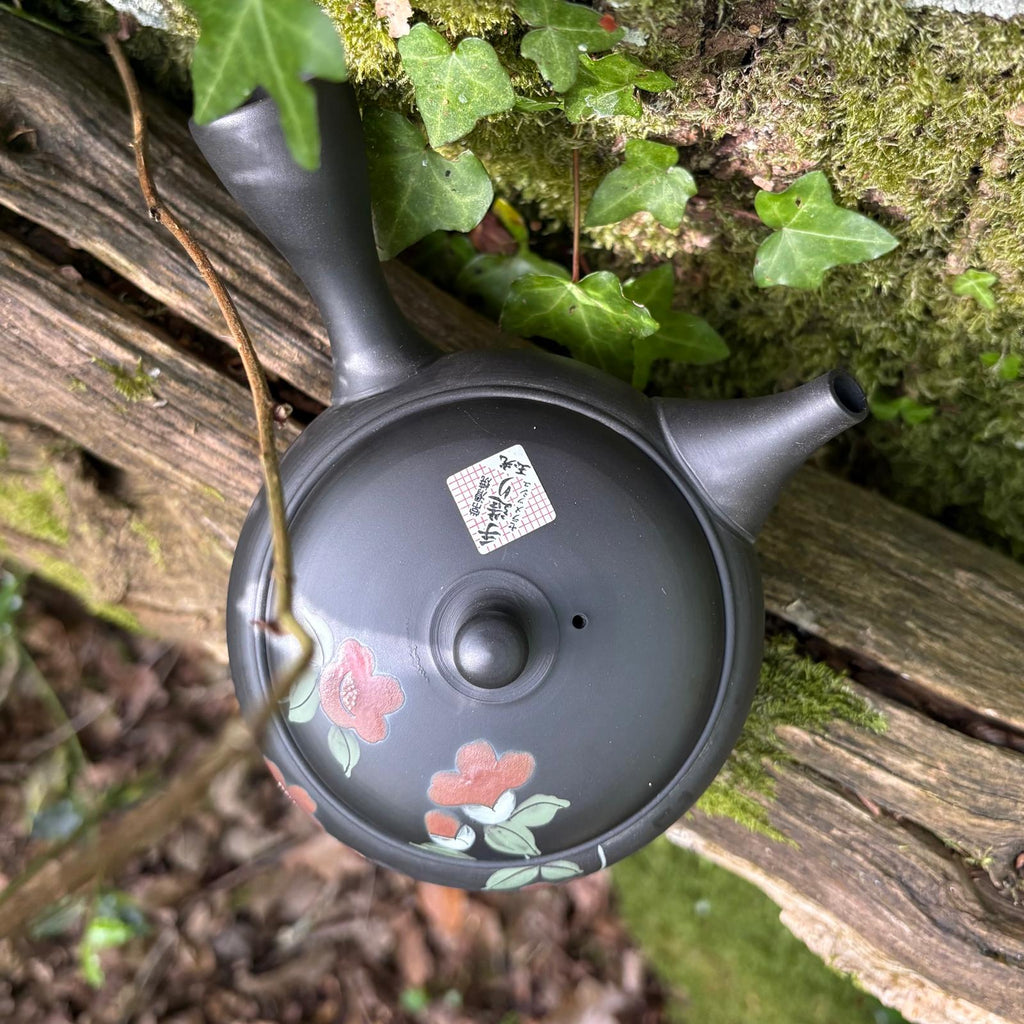 Black shudei (kokudei) kyusu with flowers kyusu /sesame filter [Gyokko Kiln]
