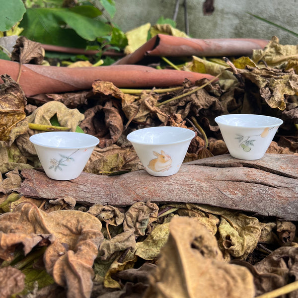 Hand Painted Jingdezhen 'Rabbit' Gaiwan set (1 Gaiwan, 3 cups, Glass Jug & Travel Case]  : Lai Mi Mi Studio : Jingdezhen