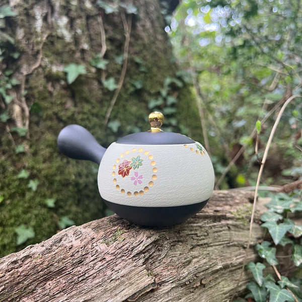 240ml Black & white with gold flower medal kyusu with ceramic strainer [Shouhou Kiln]