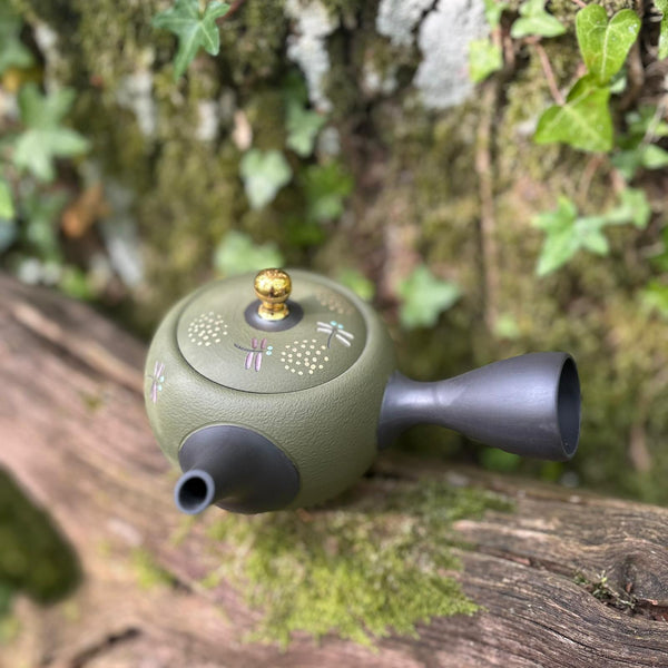 200ml Green/Black with gold Maru-gata (丸形) Ikomi Kokudei kyusu with sesame strainer [Shōhō Kiln]