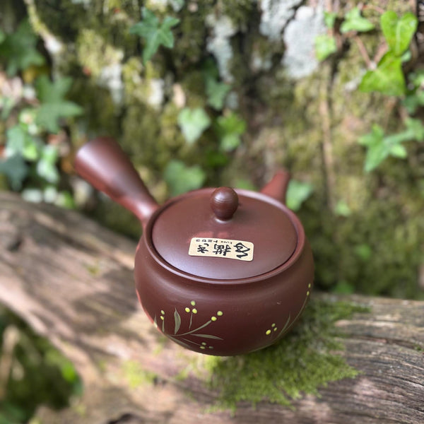 Everyday range : 340ml Ikomi [鋳込み] Brown with flowers Tokoname Kyusu Belt Strainer [Tomisen Kiln]