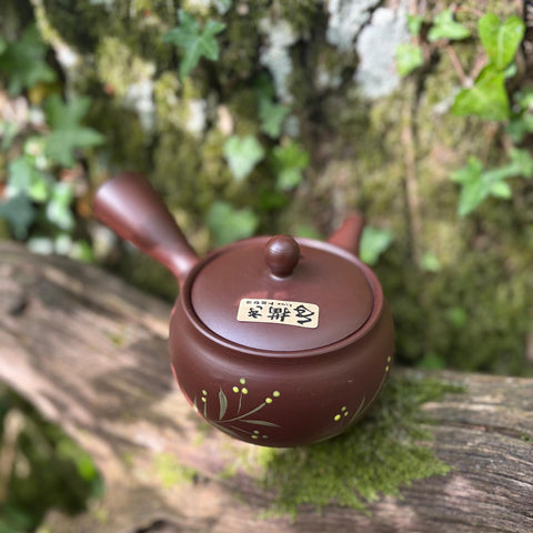 Everyday range : 340ml Ikomi [鋳込み] Brown with flowers Tokoname Kyusu Belt Strainer [Tomisen Kiln]