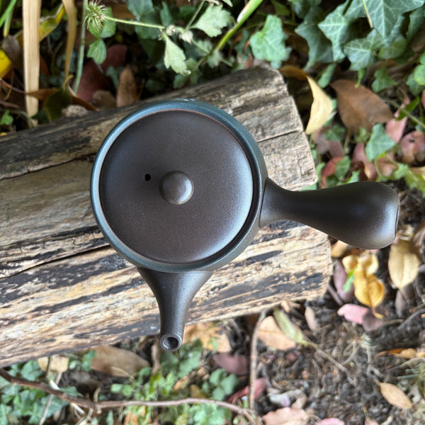 310ml Ikomi [鋳込み] Black Shudei/Kokudei with flower decoration Kyusu Stainless Strainer [Yamafusa Kiln]