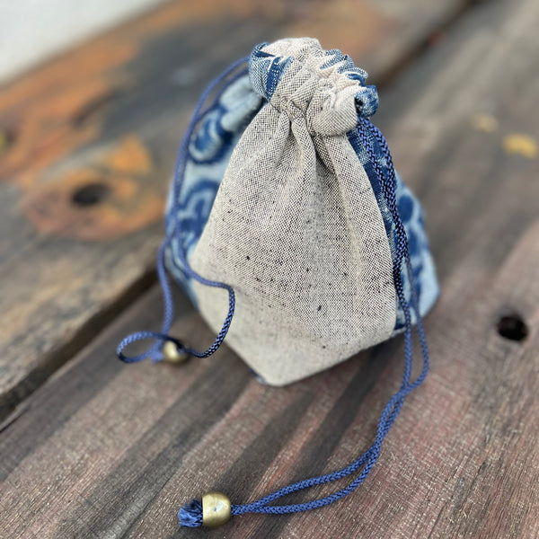 Kurume Kasuri Drawstring Bag : Grey/Blue [Chikuho city Fukuoka]