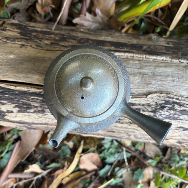 250ml Trapezoidal Kaiyaki Metallic (貝焼) kyusu with Kushime  and sesame strainer [Fujita Tokuta]