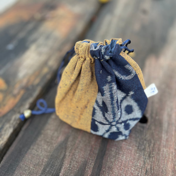 Kurume Kasuri Drawstring Bag : Yellow/Blue [Chikuho city : Fukuoka]