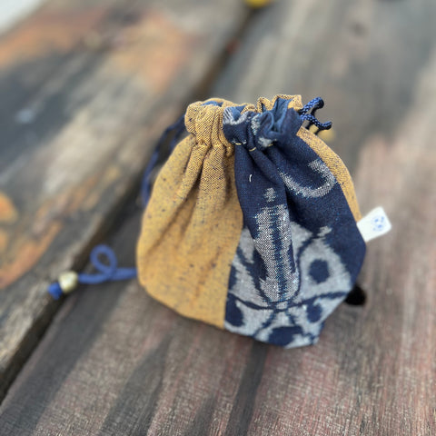 Kurume Kasuri Drawstring Bag : Yellow/Blue [Chikuho city : Fukuoka]