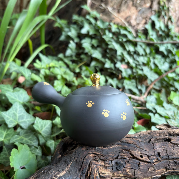200ml Maru-gata (丸形) Cat & paw Ikomi Kokudei kyusu with sesame strainer [Shōhō Kiln]