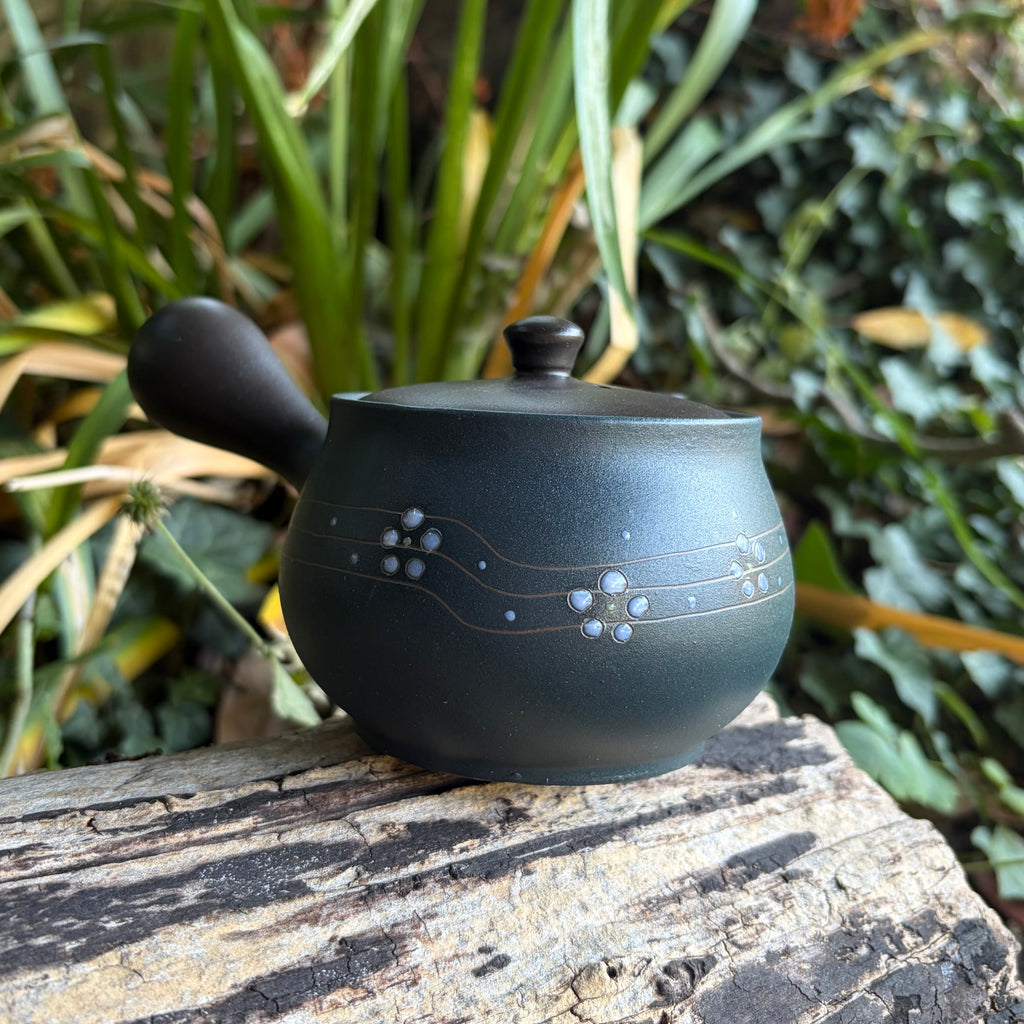 310ml Ikomi [鋳込み] Black Shudei/Kokudei with flower decoration Kyusu Stainless Strainer [Yamafusa Kiln]