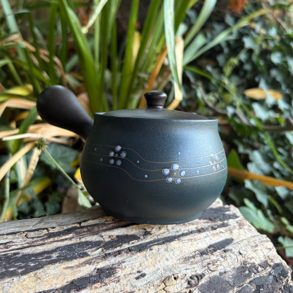 310ml Ikomi [鋳込み] Black Shudei/Kokudei with flower decoration Kyusu Stainless Strainer [Yamafusa Kiln]