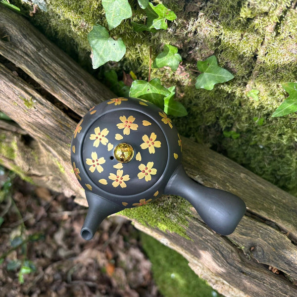 230ml Maru-gata (丸形) gold flower Ikomi Kokudei kyusu with sesame strainer [Shōhō Kiln]
