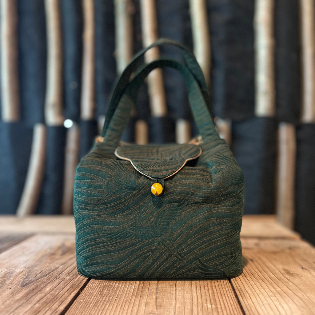 Green with birds (with shaped flap) 18x15x15cm Tea Bag with yellow button | Zhu Rong Studio Jingdezhen