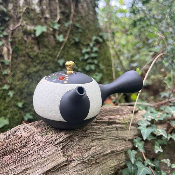240ml Black & white with gold flower medal kyusu with ceramic strainer [Shouhou Kiln]