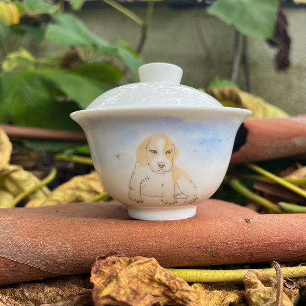 Hand Painted Jingdezhen 'Dog' Gaiwan Set (1 Gaiwan, 3 cups, Glass jug & carry case) : Lai Mi Mi studio Jingdezhen