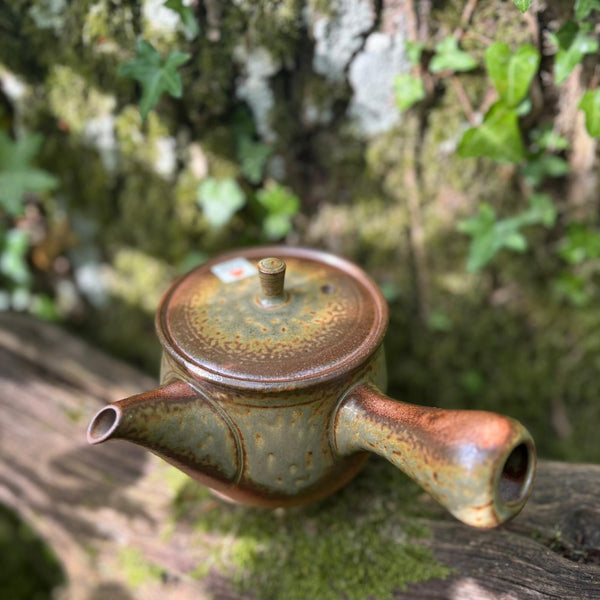 350ml green/brown Irabo glaze Tokoname-yaki kyusu with sesame filter (Issin kiln)