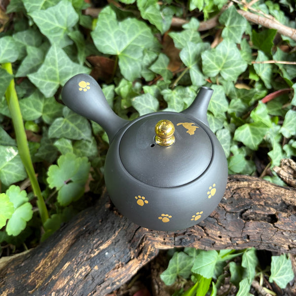 200ml Maru-gata (丸形) Cat & paw Ikomi Kokudei kyusu with sesame strainer [Shōhō Kiln]