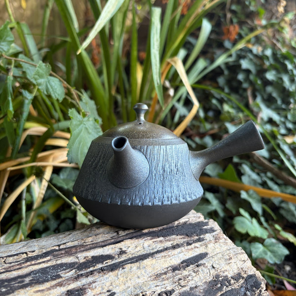 250ml Trapezoidal Kaiyaki Metallic (貝焼) kyusu with Kushime  and sesame strainer [Fujita Tokuta]