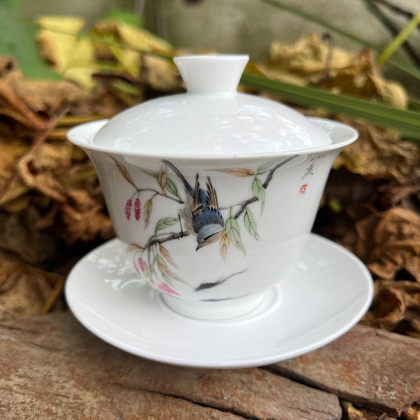 Hand Painted 'Bird' Gaiwan : Huang Xiaokang : Jingdezhen