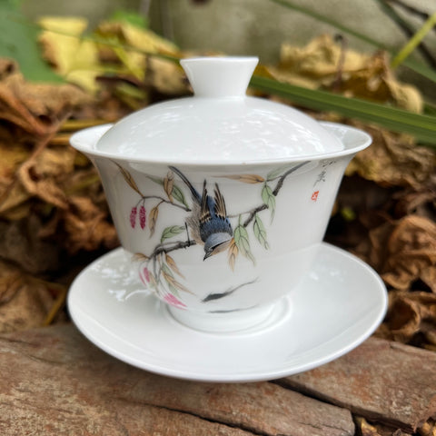 Hand Painted 'Bird' Gaiwan : Huang Xiaokang : Jingdezhen