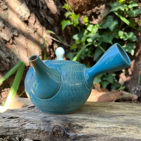 Gloss Blue Patterned 290ml Kyusu with mesh strainer