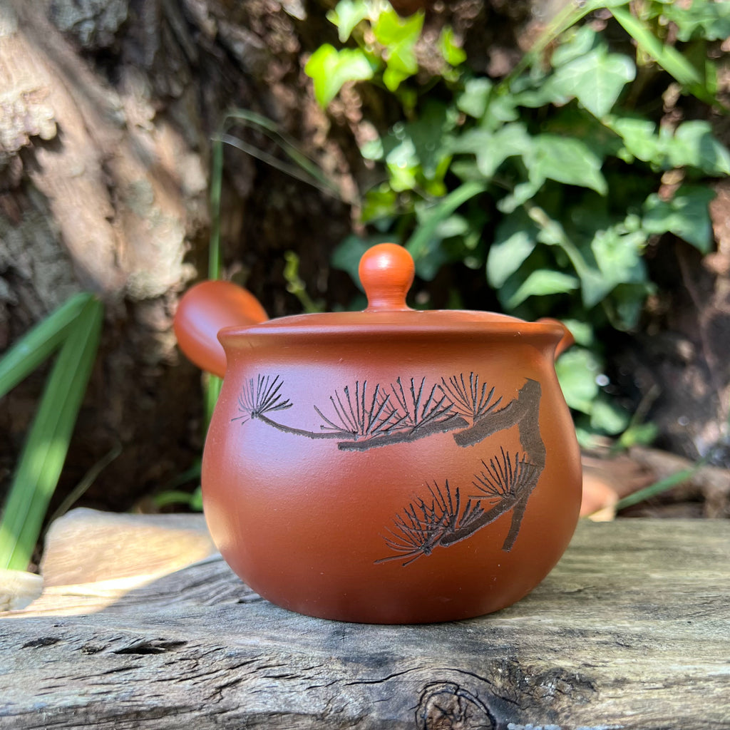 Red Tokoname Kyusu Teapot with fern pattern 280ml [Stainless Steel Mesh Strainer]