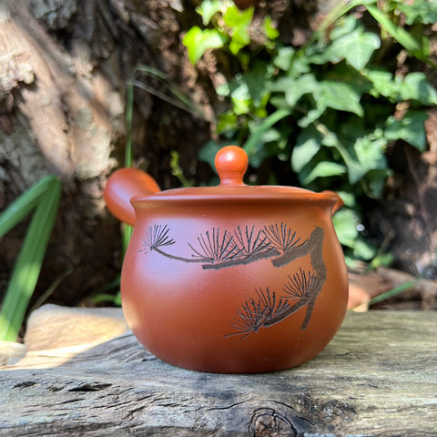 280ml Red Tokoname Kyusu Teapot with fern pattern & Stainless Steel Mesh Strainer [Mamiya Pottery]