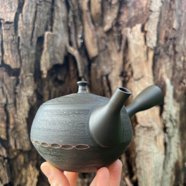 Brown with red stripe 350ml Kyusu with ceramic strainer